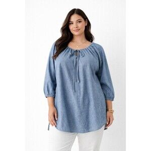Carole Little Womens 1X Blue Chambray Peasant Top 100% Cotton Boho 3/4 Sleeve
